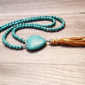 Turquoise heart Leather Tassel Beaded Necklace